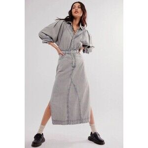 Free People Mad Love Denim Midi Dress Cotton Moonstone Long Sleeve S New 282602